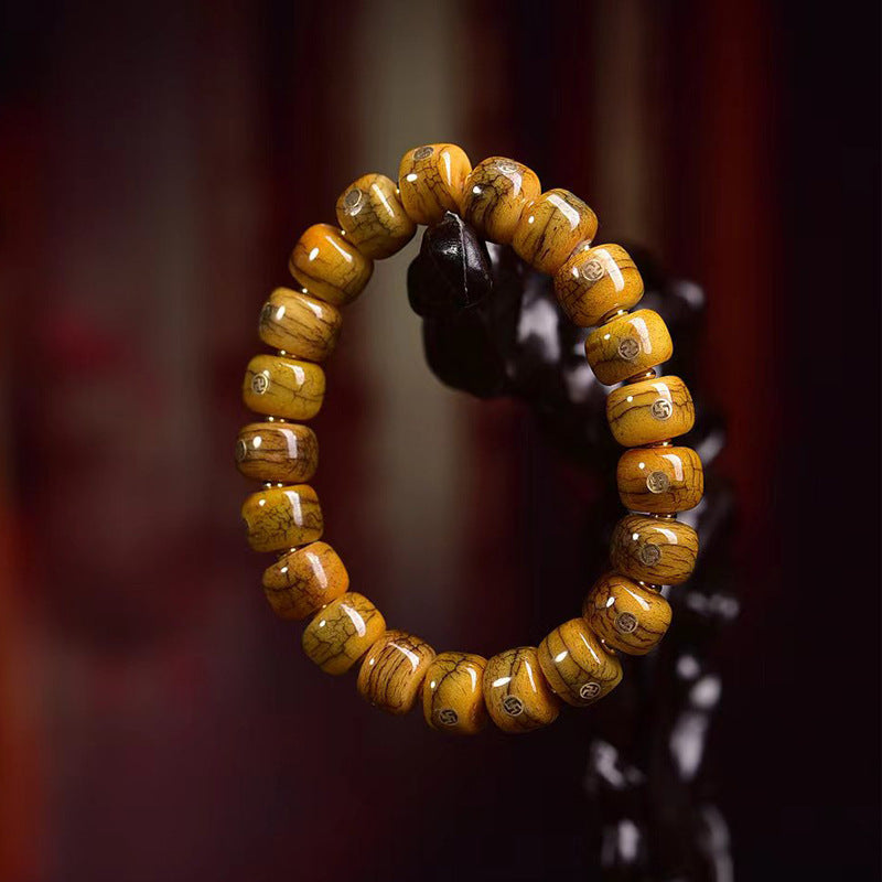 Tibetan-Style Old Copper Swastika Inlay Yak Bone Bracelet – Traditional Handcrafted Design