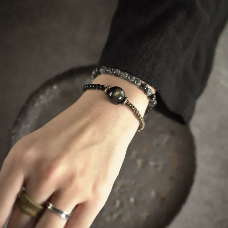 Obsidian & Black Rutilated Quartz Brass Bracelet for Protection & Focus