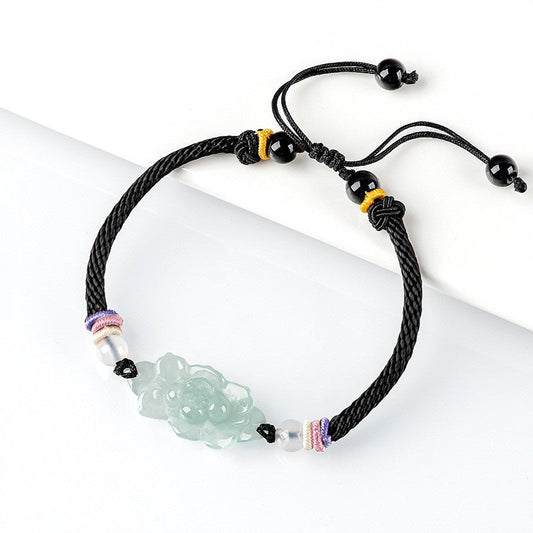 Natural A-Grade Jadeite Lotus Bracelet – Handmade Woven Cord Jewelry, Adjustable Lucky Charm for Men & Women