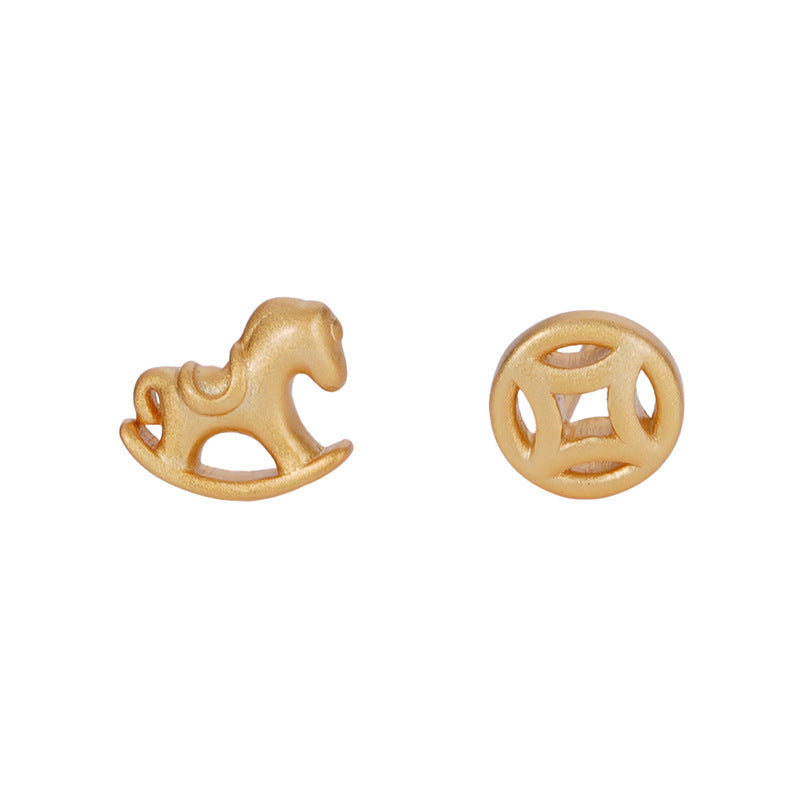 Women’s S925 Sterling Silver Asymmetric Wood Horse and Coin Stud Earrings – Year of the Horse