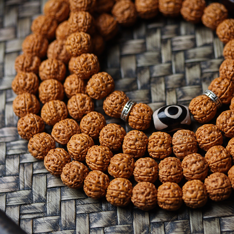 Dragon Vein Exploding Texture Rudraksha 108 Mala Beads Bracelet with Alxa Agate Accents