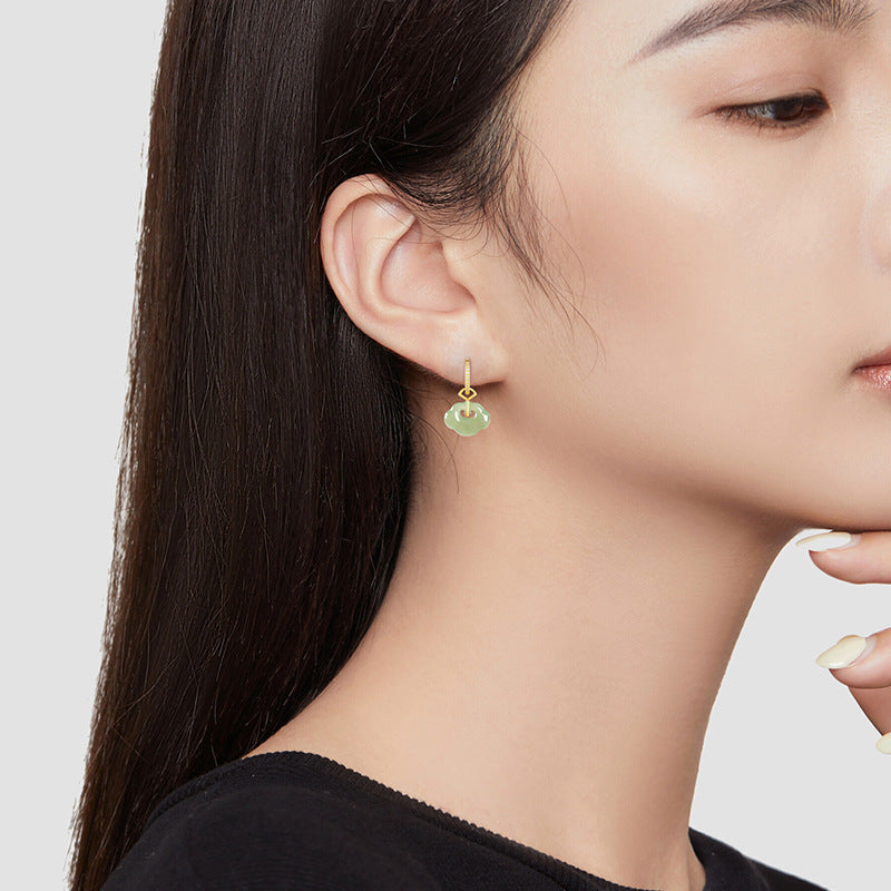 Women’s Natural Hetian Jade Ruyi Earrings, Set in S925 Silver