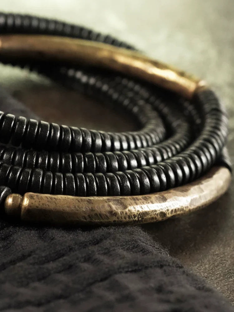 Ebony Wood & Brass Protection Bracelet – Multi-Layer Beads for Strength & Stability