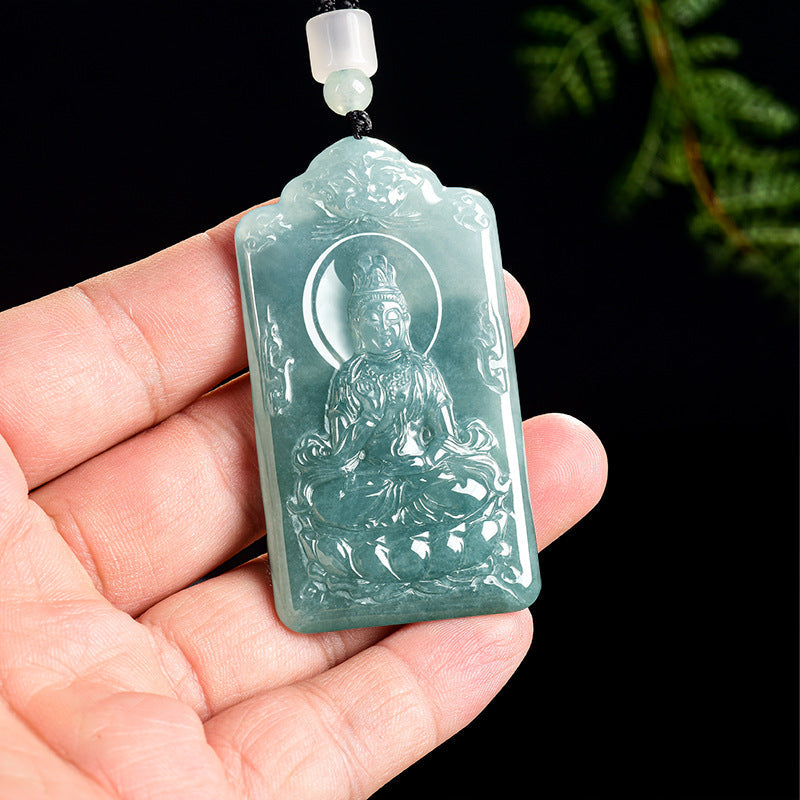 Natural Blue Water Jadeite Guanyin Pendant – A-Grade Jade, Spiritual Protection Talisman