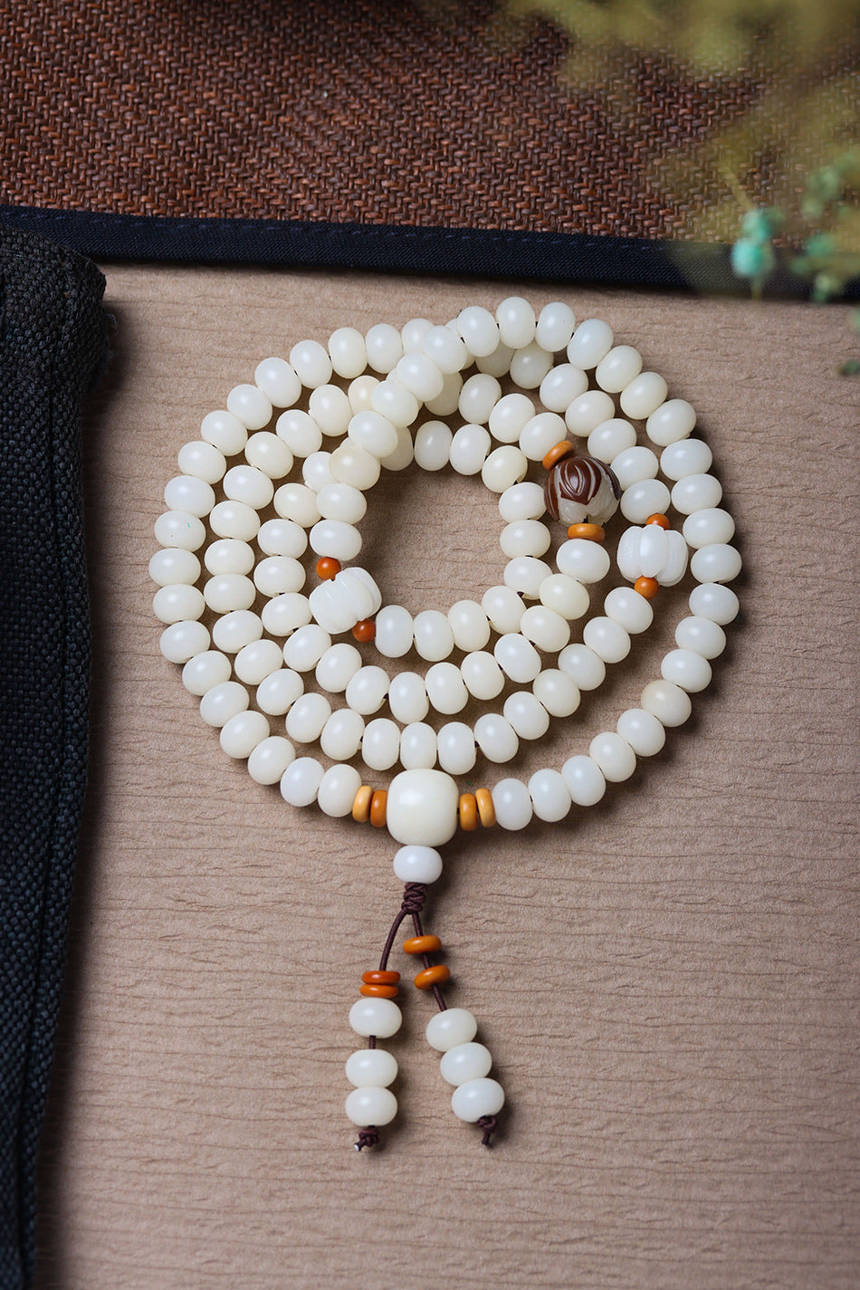 White Jade Bodhi 108 Mala Beads Bracelet with Hand-Carved Lotus Beads and Olive Pit Spacers