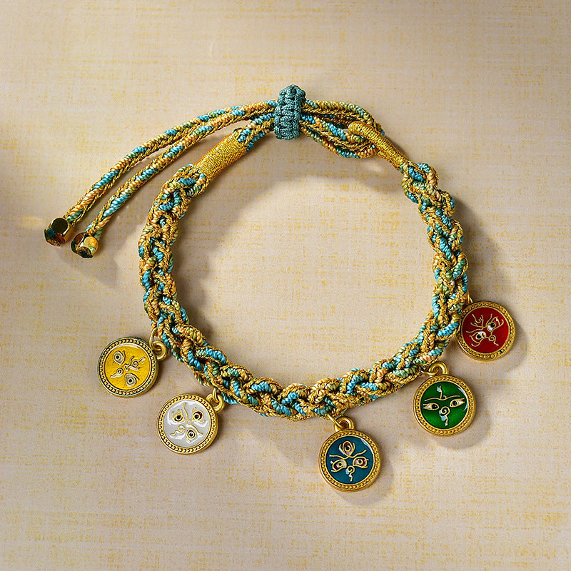 Tibetan Five Wealth Gods Blessing Bracelet – Handwoven with Green Tara Energy