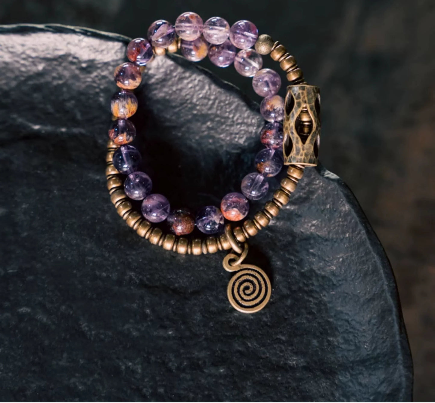 Vintage Double-Wrap Amethyst Phantom Quartz Bracelet – Brass Accents & Spiritual Style