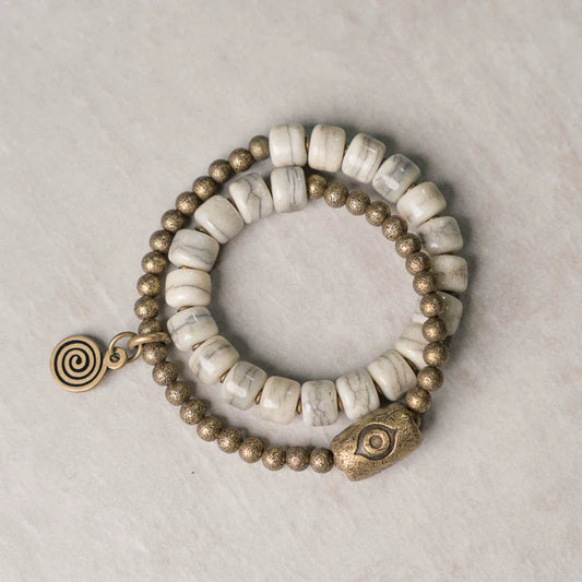 Tibetan Handmade Double-Wrap Yak Bone Bracelet with Brass Dzi Beads and Vintage Brass Accents