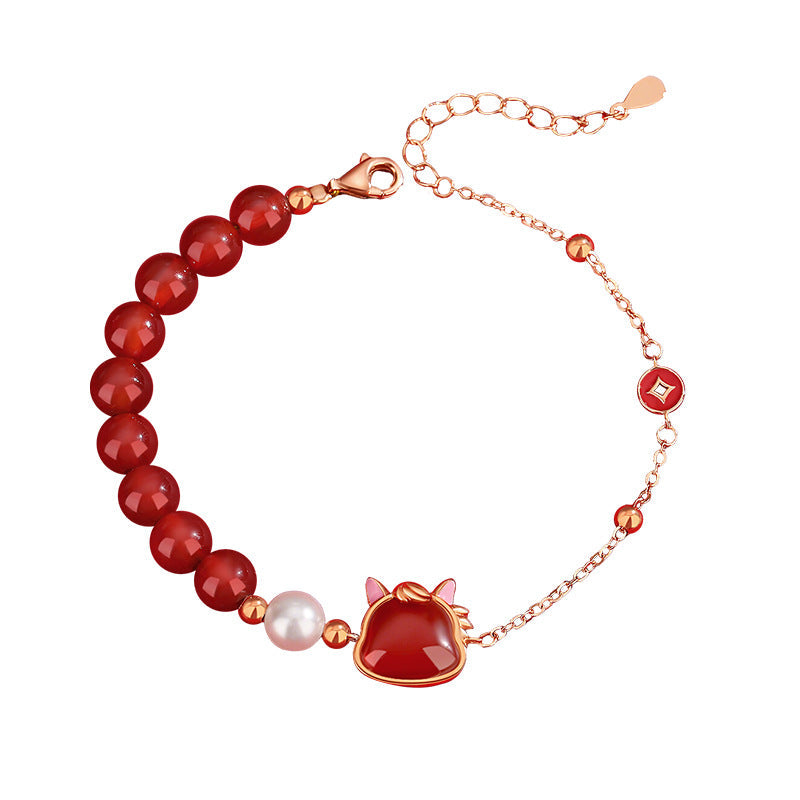 Women’s S925 Silver Cute Horse Jewelry Set – Red Agate Zodiac Horse Bracelet, Necklace, Earrings