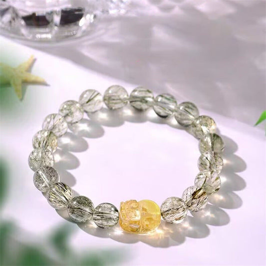 Feng Shui Pixiu Bracelet Natural Green Rutilated Quartz Crystal Bracelet