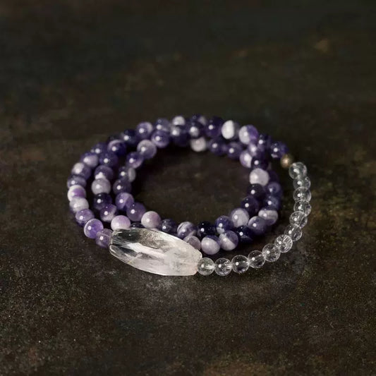 Tibetan-Inspired Multi-Layer Amethyst & Clear Quartz Bracelet · Pure Energy, Sacred Balance