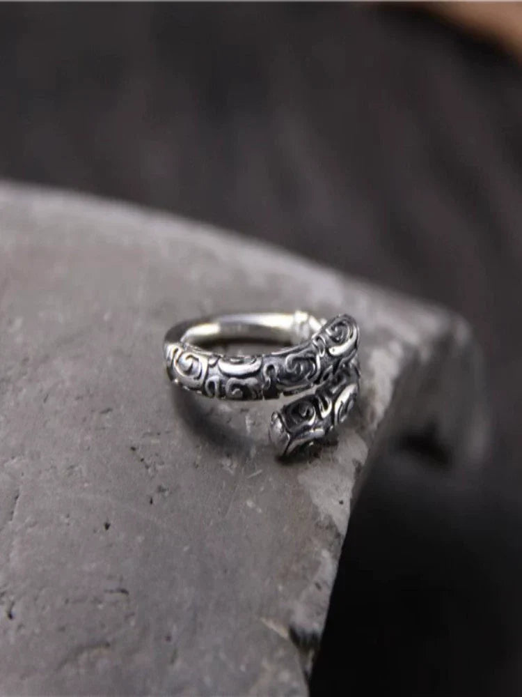 S925 Sterling Silver Retro Sun Wukong Golden Cudgel Ring Adjustable Unisex Finger Ring