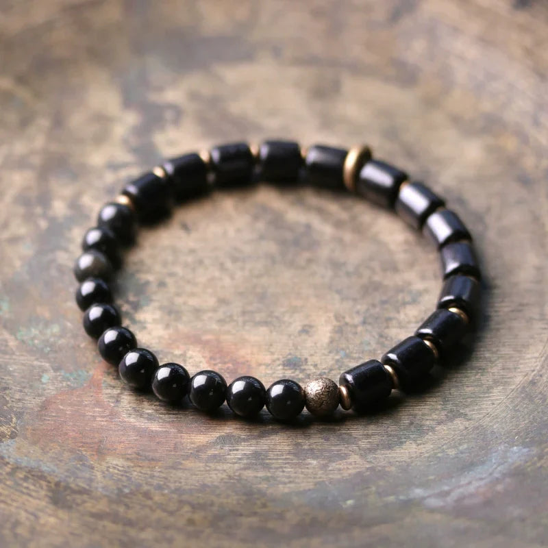 Tibetan Obsidian Bracelet with Colorful Beads for Protection & Balance