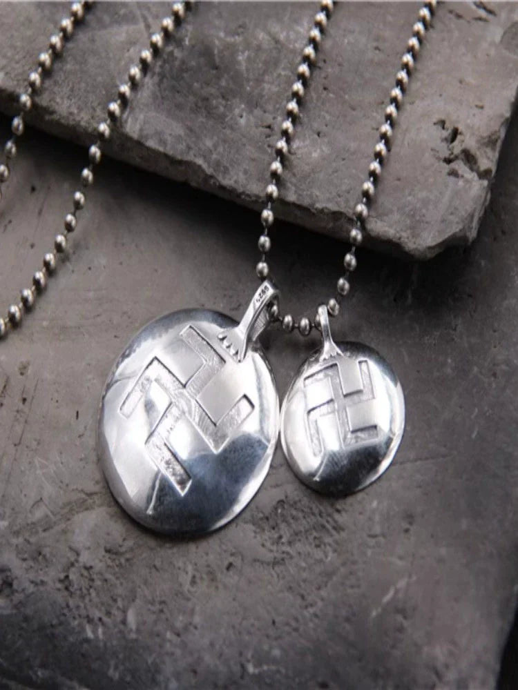 S925 Sterling Silver Retro Six-character Mantra Tag Safe Round Tag Pendant