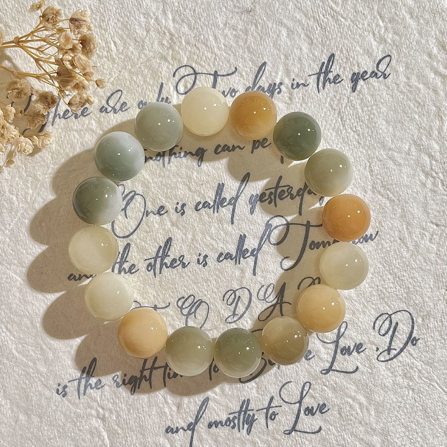 Natural Floral-Skin Jade-Like Bodhi Bead Bracelet – 12-13mm Round Beads