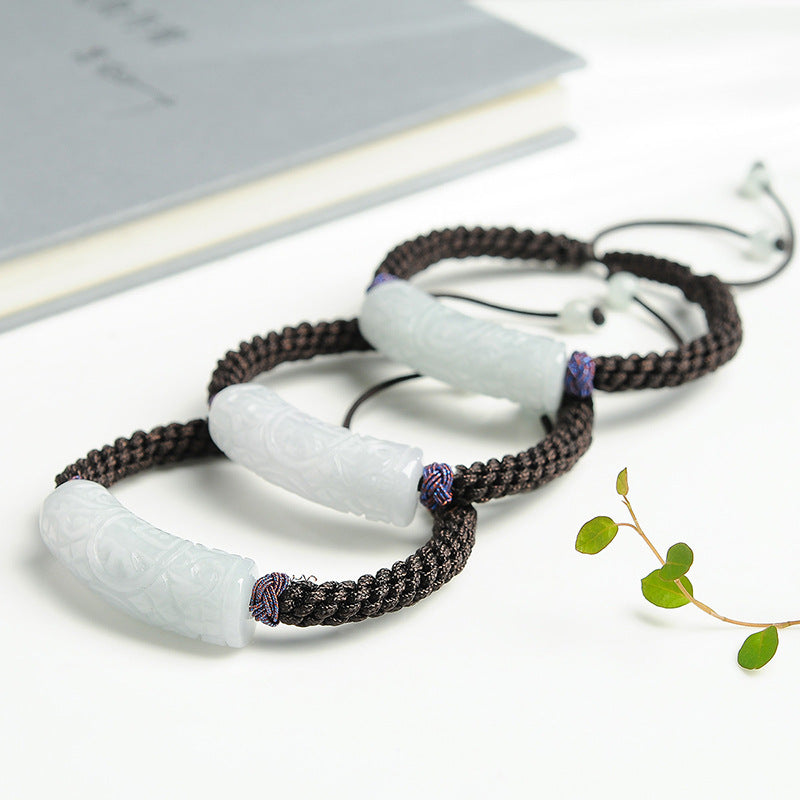 Natural Myanmar Grade A Jade Curved Bar Bracelet – Handmade with Good Fortune and Longevity Carvings