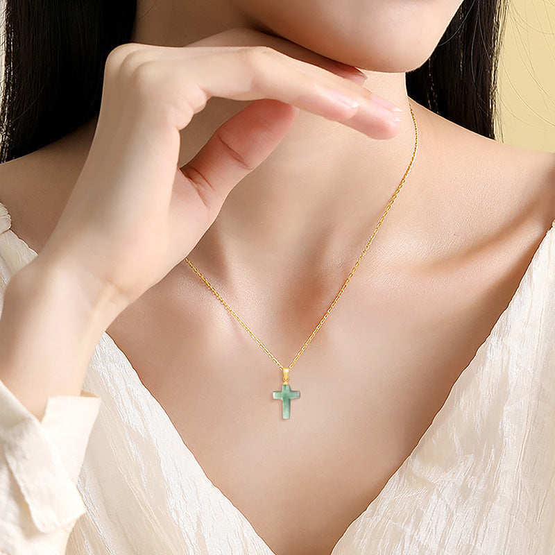 Natural A-Grade Blue Water Jade Cross Pendant for Women — S925 Sterling Silver Setting