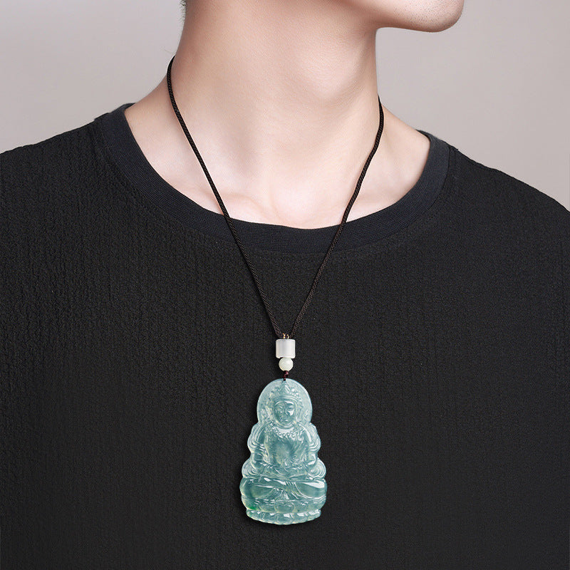 Natural Blue Water Jadeite Tara Guanyin Pendant – A-Grade Jade, Spiritual Protection Talisman