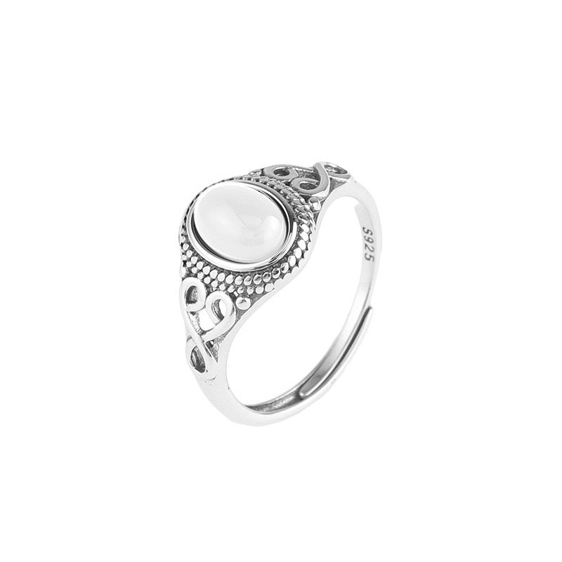 Vintage S925 Sterling Silver Ring with Agate & Turquoise – Adjustable Open Design for Women