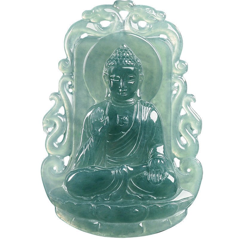 Natural Blue Water Jadeite Amitabha Buddha Pendant – A-Grade Jade, Zodiac Dog & Pig Guardian Talisman