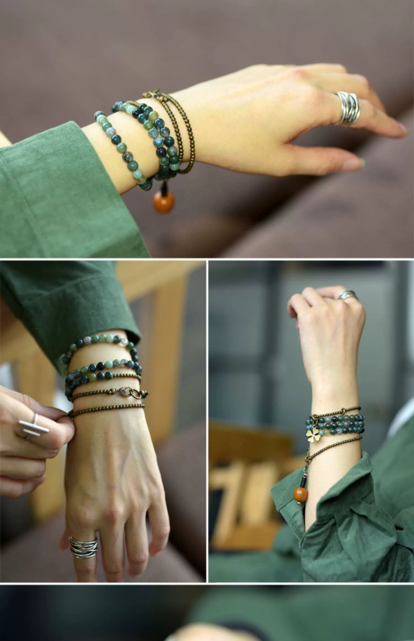 Vintage Multi-Layer Moss Agate & Yellow Jade Bead Bracelet – Buddhist Wrap Bracelet