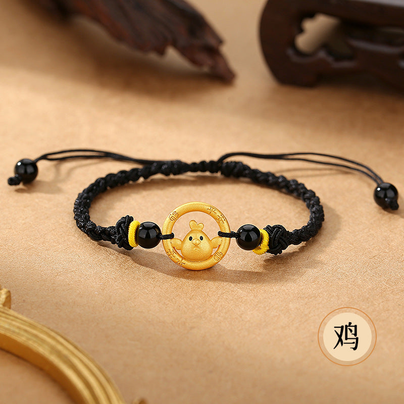 Women’s S925 Silver Peace Circle 12 Chinese Zodiac Bracelet – Woven Black Cord
