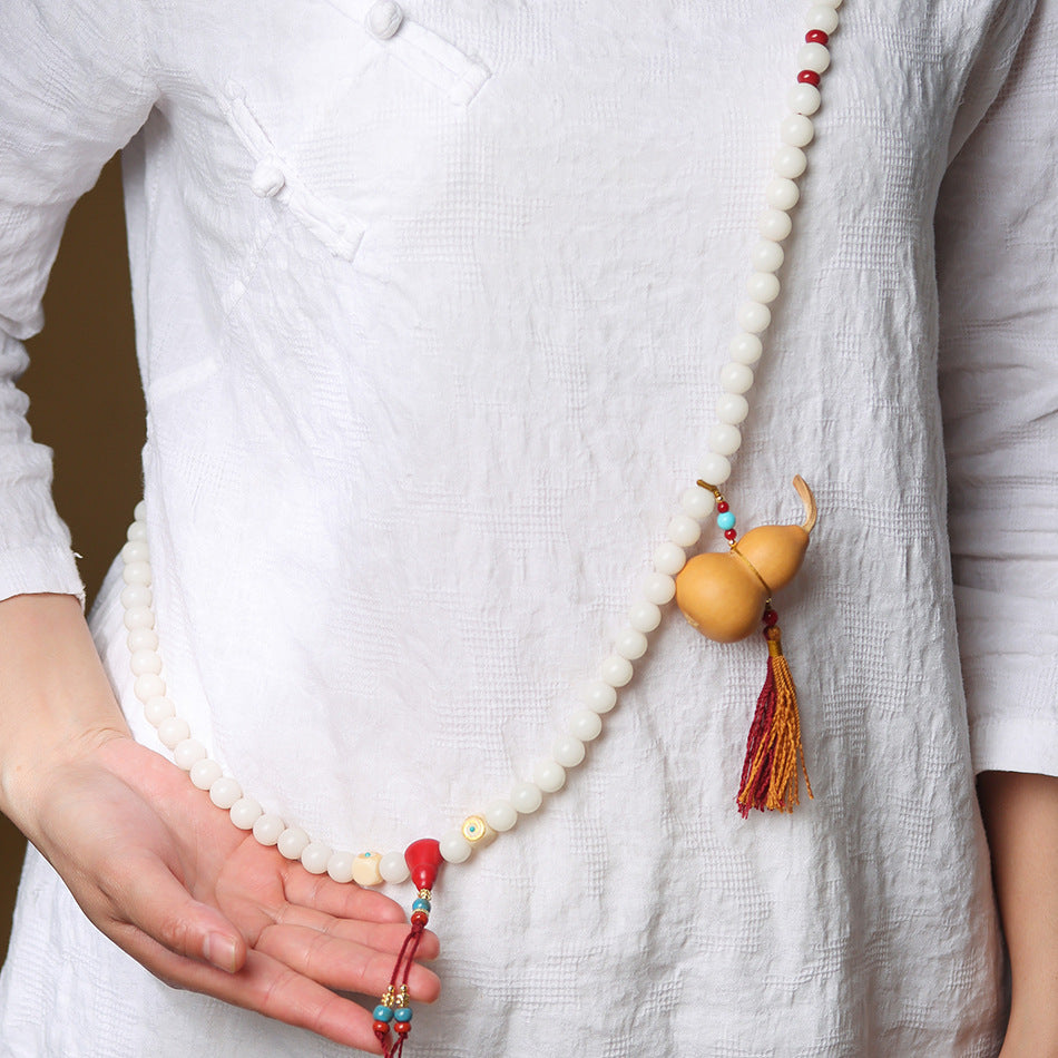 High-Polish White Jade Bodhi 108 Beads Bracelet with Hand-Carved Gourd Charm – Handheld or Crossbody Style