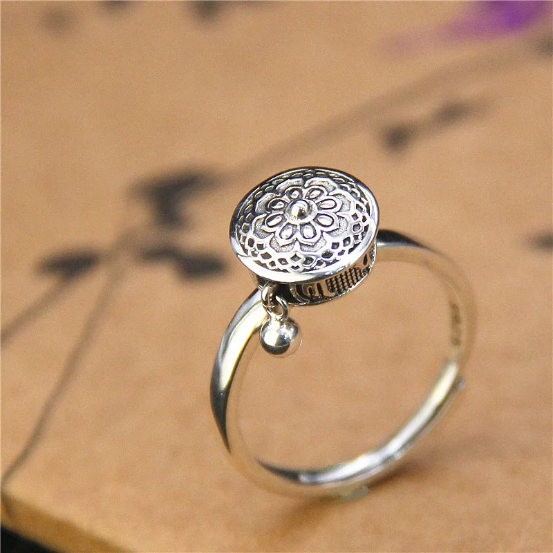 Six-Character Prayer Wheel Mantra Ring S925 Silver Jewelry Opening Adjustable
