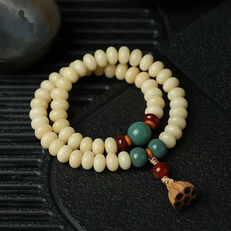 Cream-Toned White Jade Bodhi Bracelet with Boxwood Lotus Pod – Available in Single, Double Wrap, or 108 Mala
