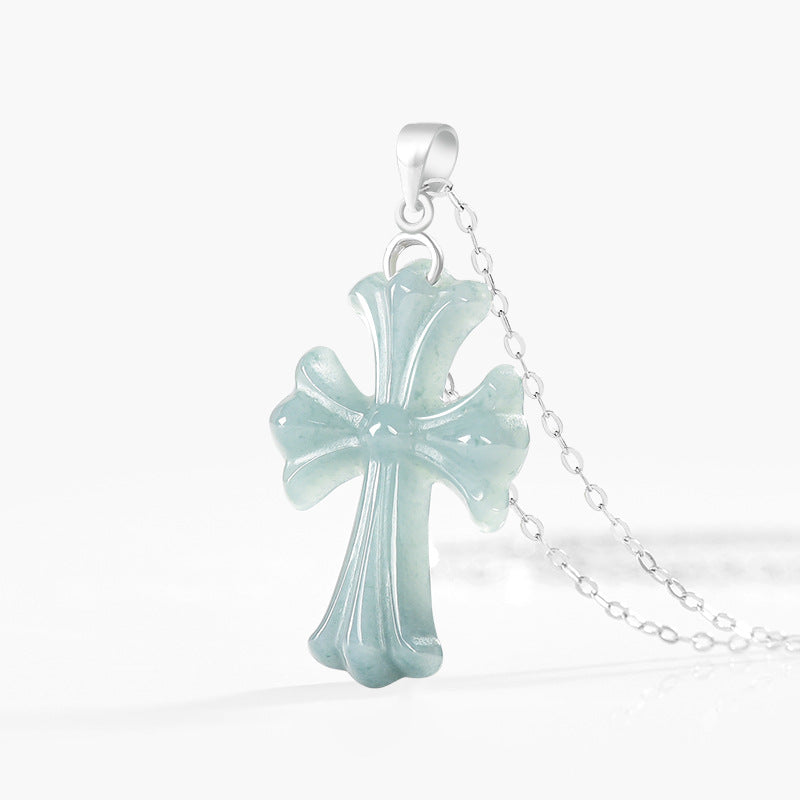 Natural Ice Blue Jadeite Cross Pendant – A-Grade Blue Water Jade with S925 Silver, 36mm Christian Talisman