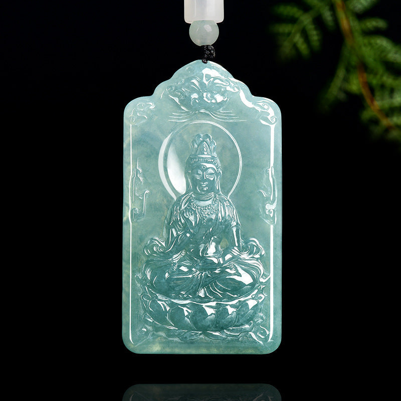Natural Blue Water Jadeite Guanyin Pendant – A-Grade Jade, Spiritual Protection Talisman