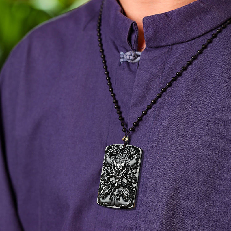 Natural A-Grade Black Jadeite Five Dragons Guardian Pendant
