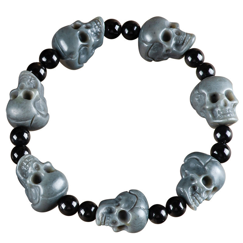 Natural Hetian Grey Jade Skull Bracelet – Hand-Carved Skull Beads, Unique Feng Shui Jewelry for Men & Women