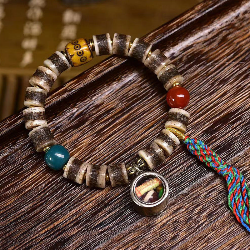 Tibetan Yak Bone Bracelet with Agate Dzi Beads & Snow Baga Beads – Handcrafted Tibetan-Style Bracelet