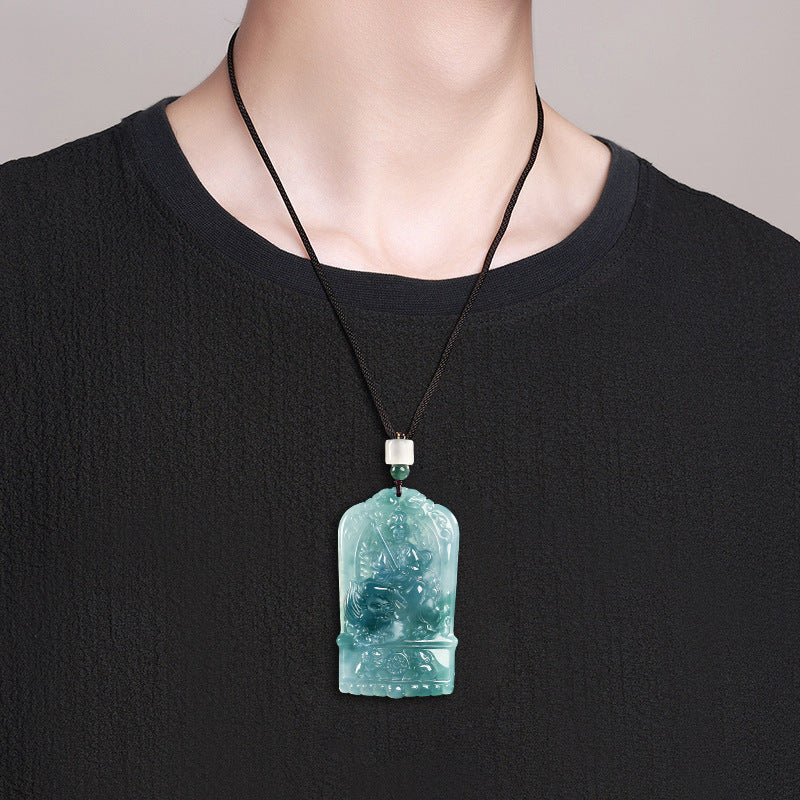 Natural Blue Water Jadeite Manjushri Pendant – A-Grade Jade, Zodiac Rabbit Guardian Talisman, Spiritual Amulet