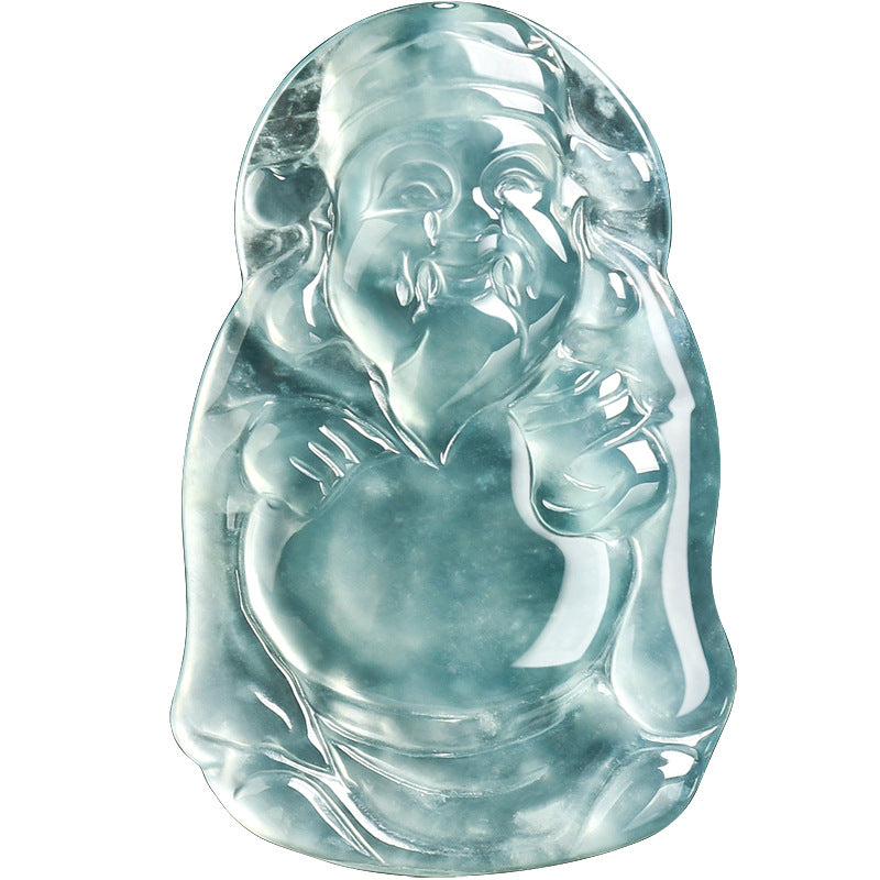 Natural Ice Blue Jadeite Cai Shen Pendant – Genuine A-Grade Blue Water Jade, Wealth & Prosperity Talisman for Men & Women