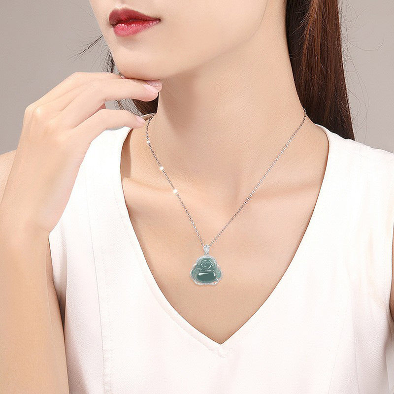 Natural Ice Blue Jadeite Buddha Pendant – A-Grade Blue Water Jade, S925 Silver Setting, 45cm Chain, Women’s Spiritual Talisman