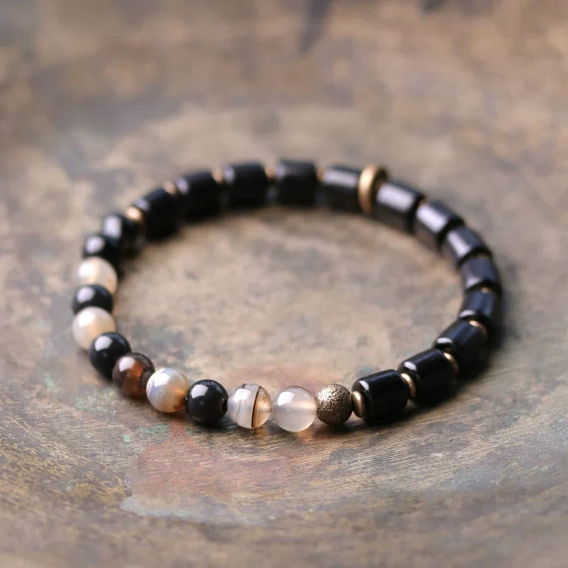 Tibetan Obsidian Bracelet with Colorful Beads for Protection & Balance