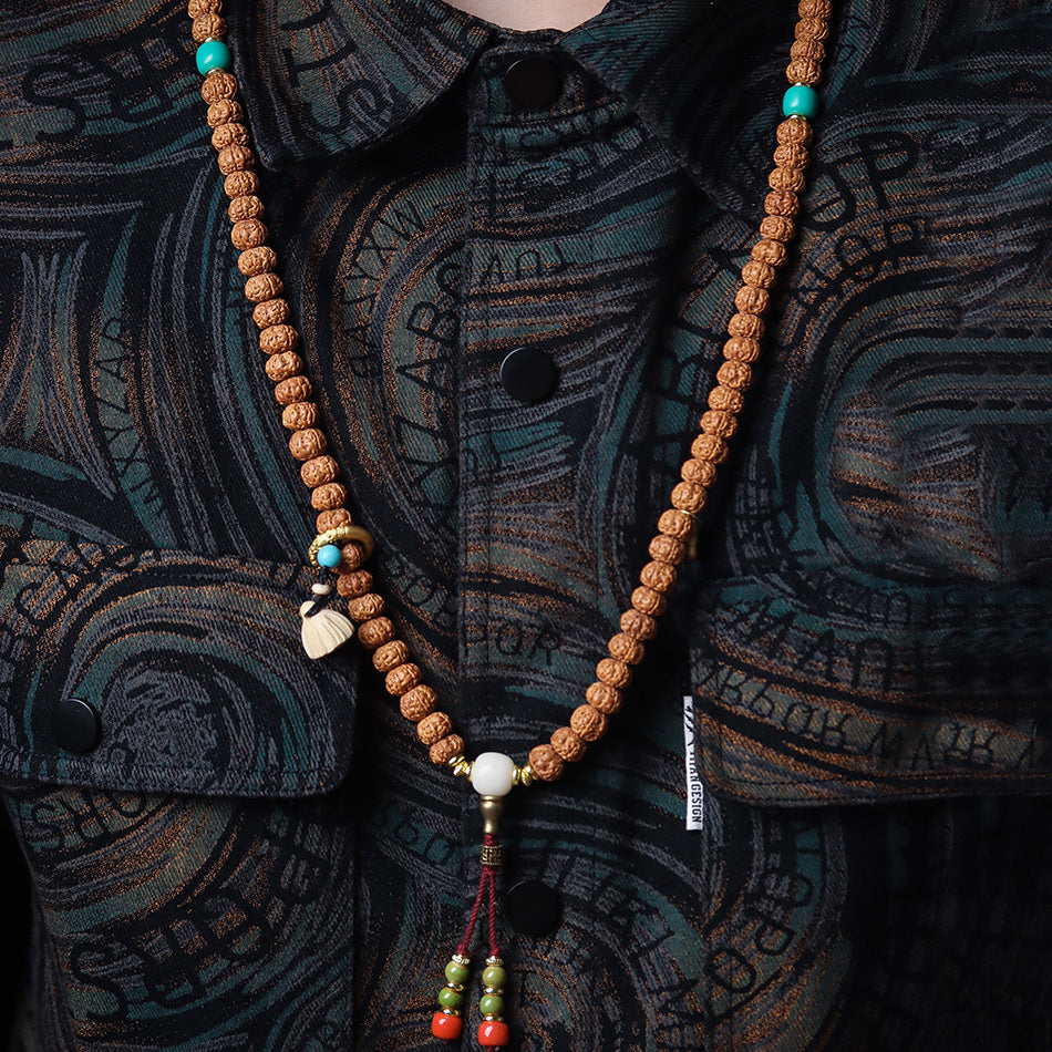 Dragon Vein Exploding Texture Rudraksha 108 Mala Beads Bracelet with Agate Stone Accents