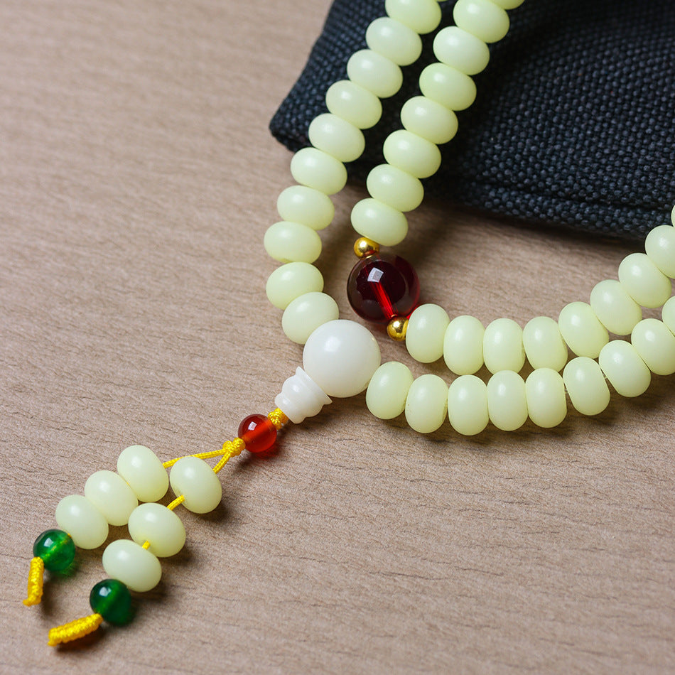 Natural Weathered Milky Yellow Bodhi Bracelet with Stone Accents – 108 Mala Beads for Women