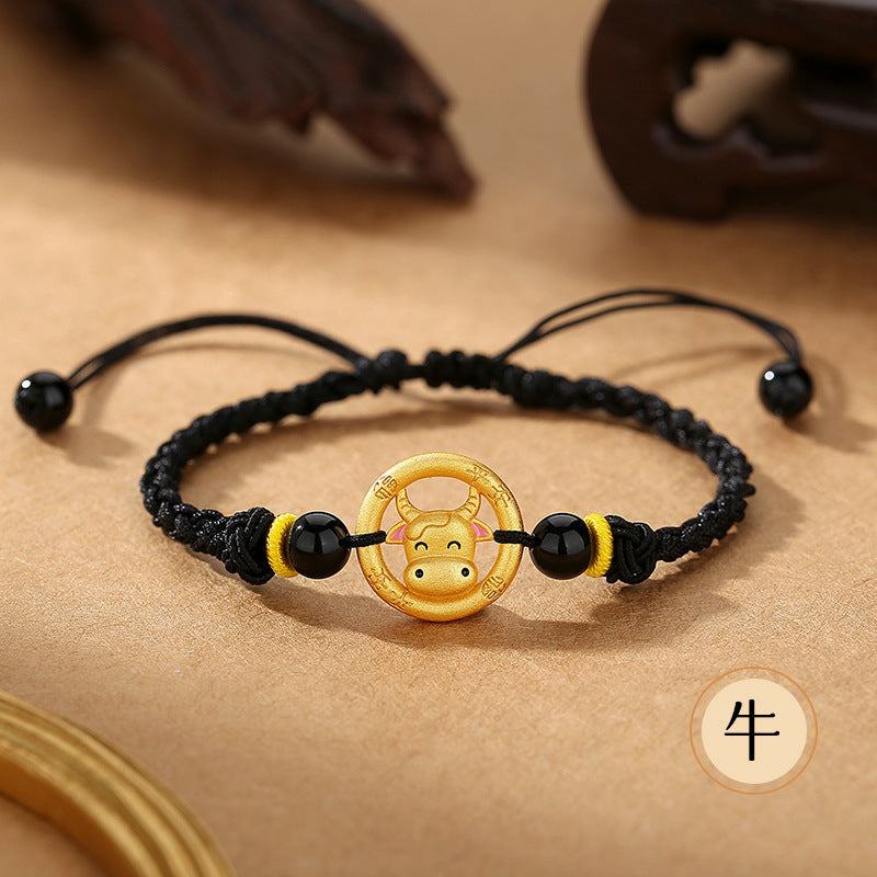 Women’s S925 Silver Peace Circle 12 Chinese Zodiac Bracelet – Woven Black Cord