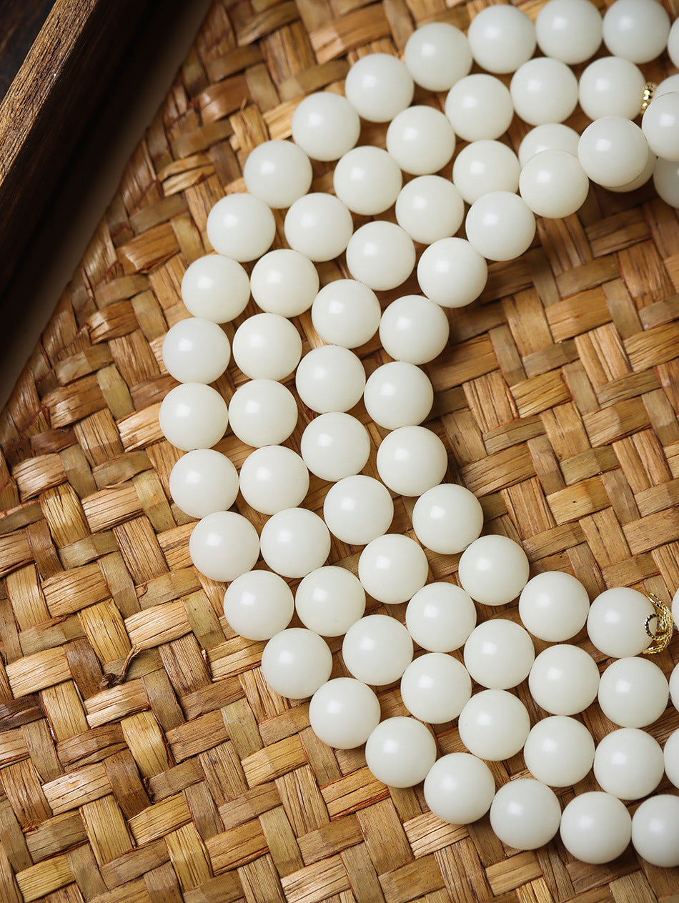 High-Polish White Jade Bodhi 108 Mala Beads Necklace with Turquoise-Look Accents and Safety Buckle – Sweater Chain Crossbody Style