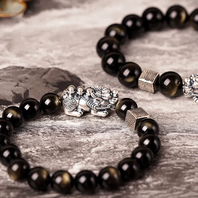 Feng Shui Bracelet Pure Silver Pixiu Bracelet Black Obsidian Men's Bracelet