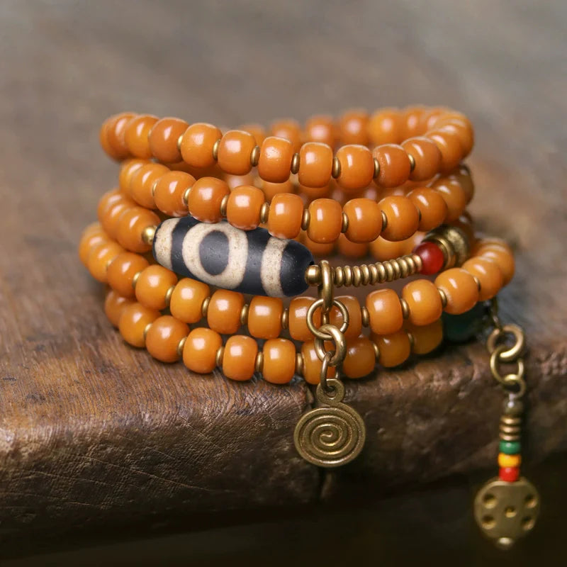 Vintage Multi-Layer Bodhi Seed & Dzi Bead Unisex Bracelet · Buddhist Mala Jewelry