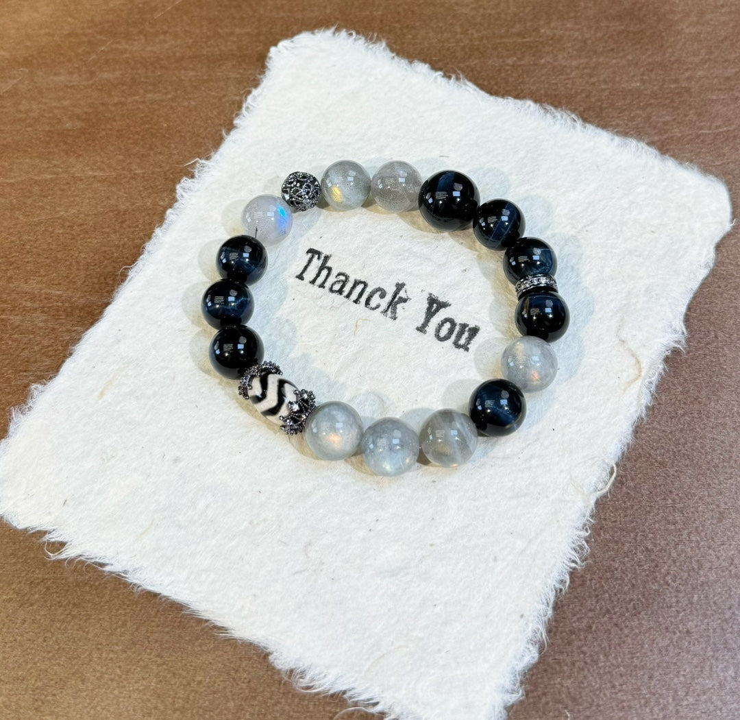 Nezha Series Bracelet Natural Gray Moonstone & Blue Tiger’s Eye Bracelet for Men