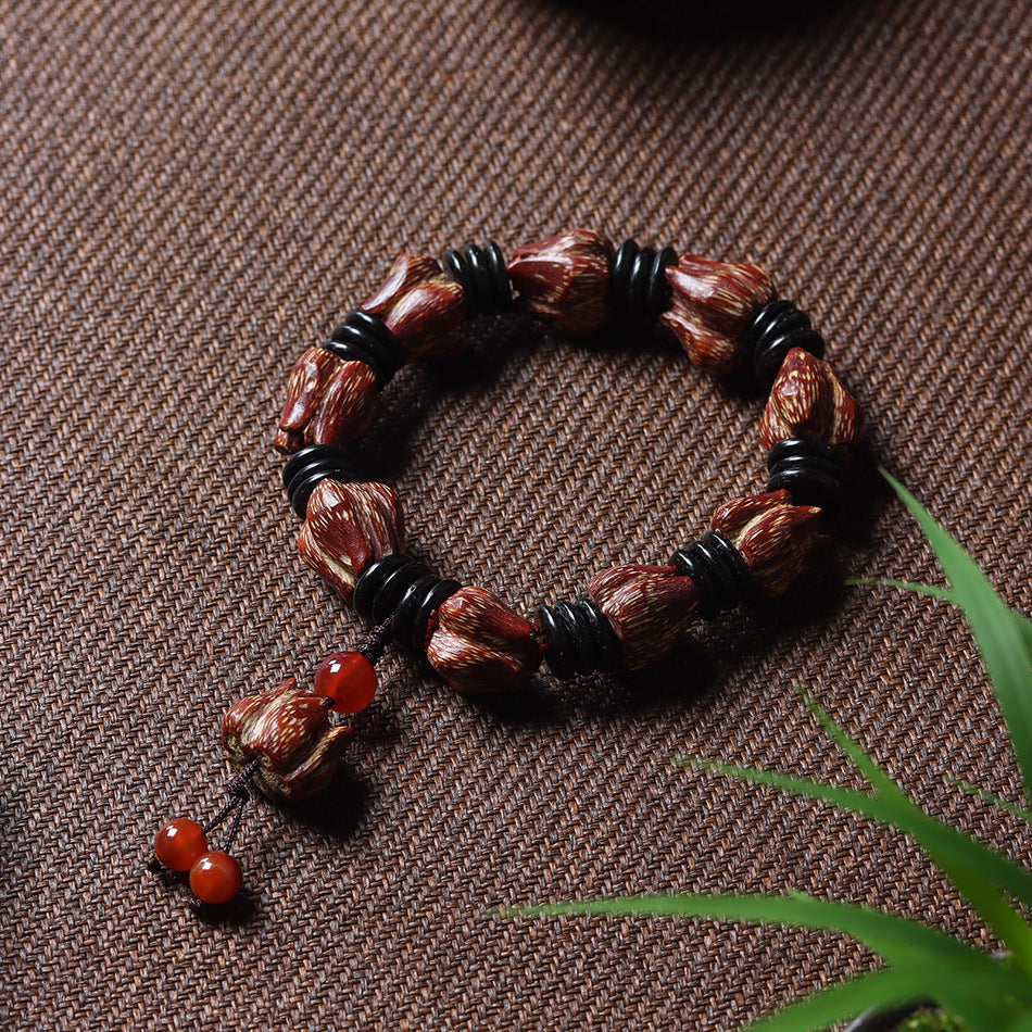 Natural Blood Lotus Bodhi Bracelet – Hand-Carved Lotus Handheld Prayer Beads