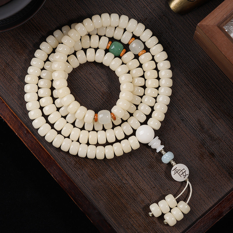 Straight-Cut White Jade Bodhi Root 108 Mala (9×6mm) – Clean & Minimalist Design