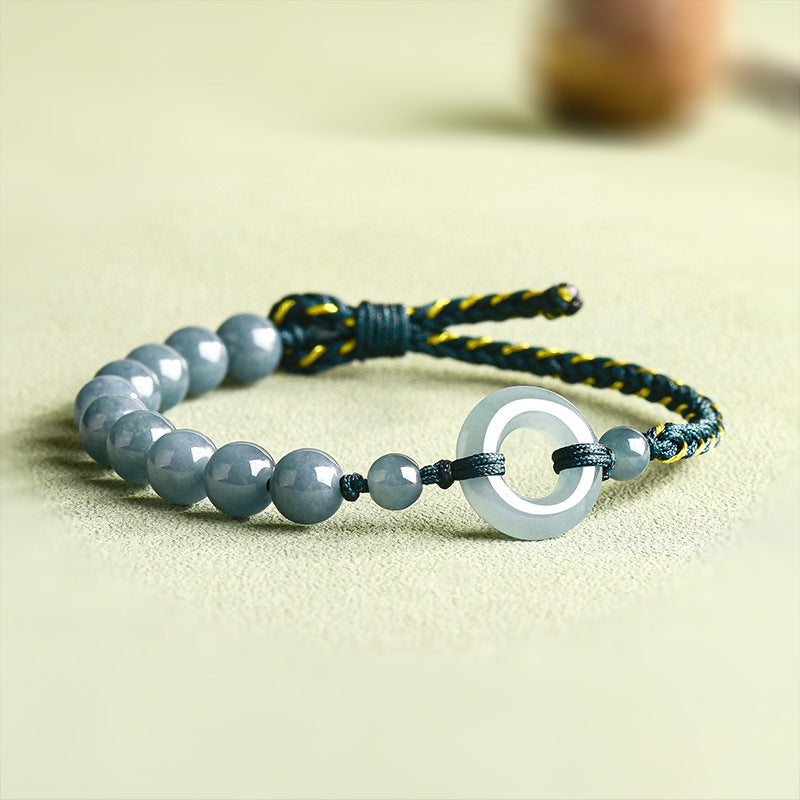 Natural A-Grade Blue Jadeite Peace Ring Handwoven Bracelet for Women