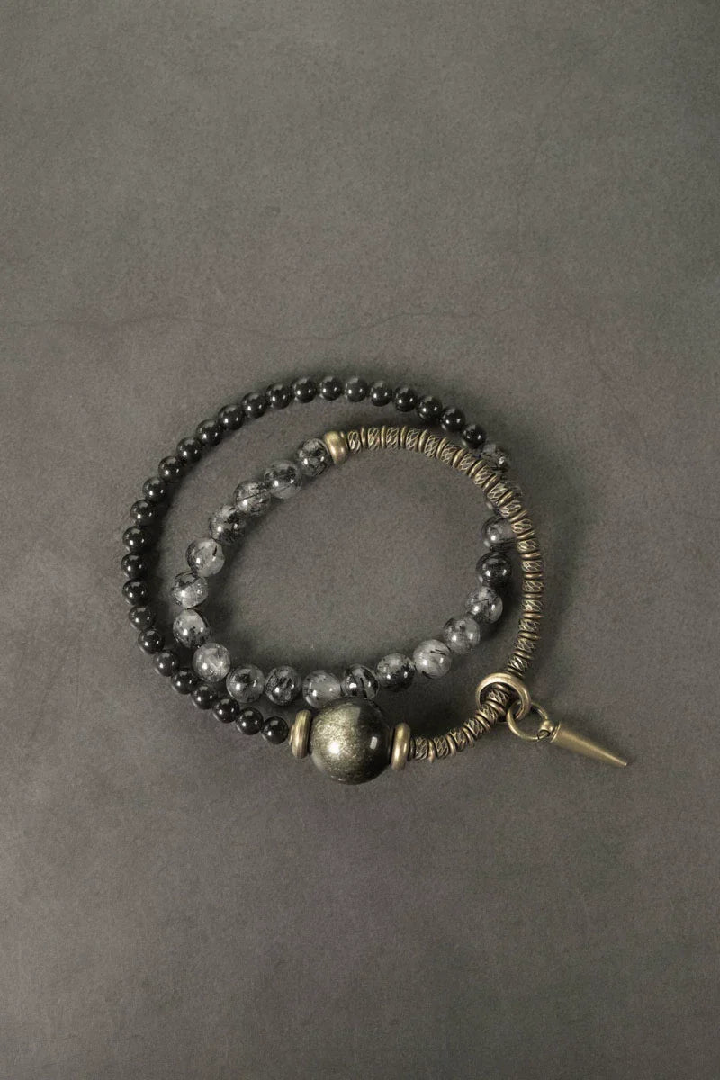 Obsidian & Black Rutilated Quartz Brass Bracelet for Protection & Focus