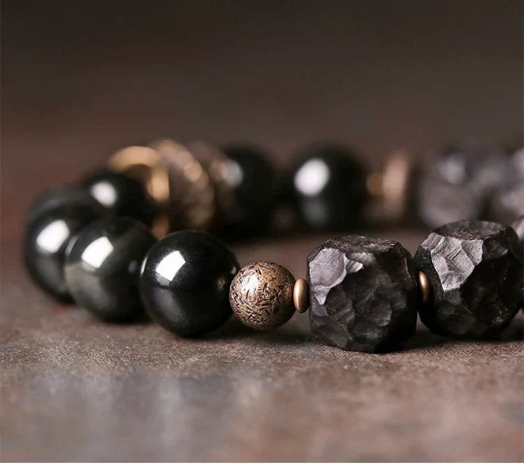 Tibetan Vintage Ebony Wood, Black Obsidian & Brass Bracelet – For Strength & Protection